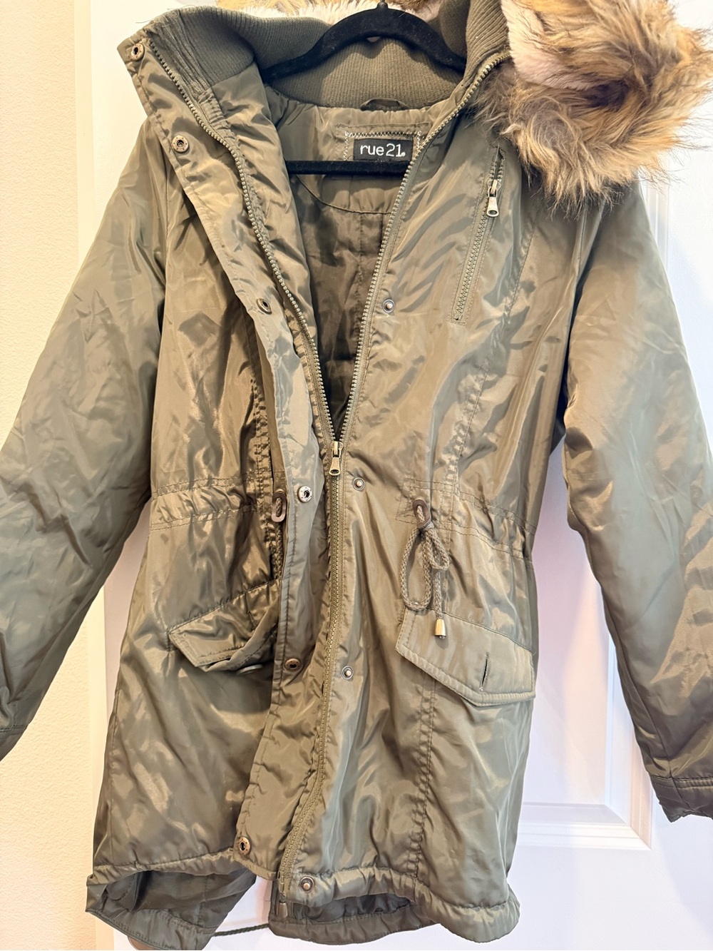 Rue21 Olive Green Quilted Hooded Jacket with Faux Fur Trim
